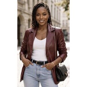 Women's Vintage Genuine Leather Jacket Coat Blazer Red Burgundy Oxblood 7/8